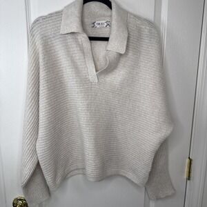 Pink Rose Womens Large Oatmeal Waffle Knit V Neck Sweater Cozy Casual